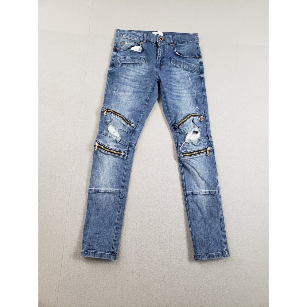 ZARA‎ Men Jean 31 Blue Denim Skinny Mid Rise Knee Zipper Distressed Streetwear